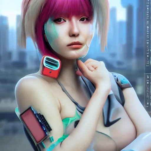 Image similar to realistic portrait 3 d render of a cybernetic enhanced yasuho hiros as a cyberpunk, featured on cgsociety, matte painting, in focus