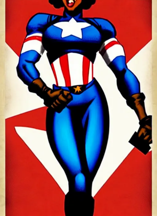 Prompt: beautiful black female captain america. afro - feminist captain america wins wwii. american wwii propaganda poster by carole feuerman, masamune shirow, rob liefeld and pixar. gorgeous face. pin up model. overwatch, realistic, black power, patriotic