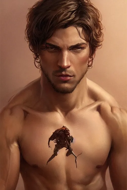 Image similar to Young man, no beard, muscular upper body, D&D, fantasy, realistic physic, accurate hyper-realistic body, elegant, highly detailed, digital painting, artstation, concept art, smooth, sharp focus, illustration, art by artgerm and greg rutkowski and alphonse mucha