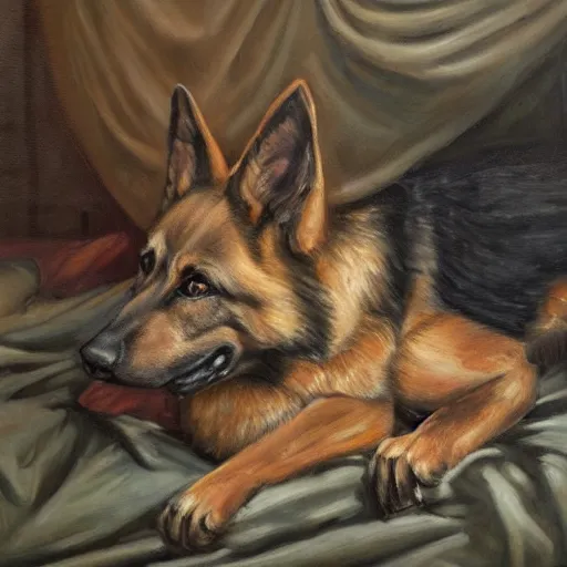 Image similar to a oil painting of a anthropomorphic german shepherd beast - man, wearing military outfit, lying on a humble unmade bed wrinkled bed sheets