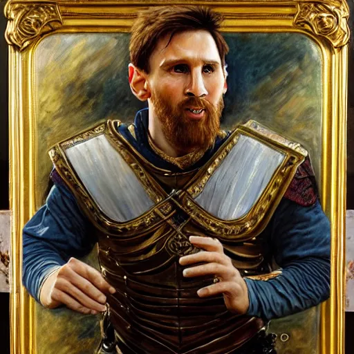 Image similar to attractive lionel messi as attractive king arthur pendragon, natural lighting, high quality, very detailed painting, by gaston bussiere, donato giancola, j. c. leyendecker