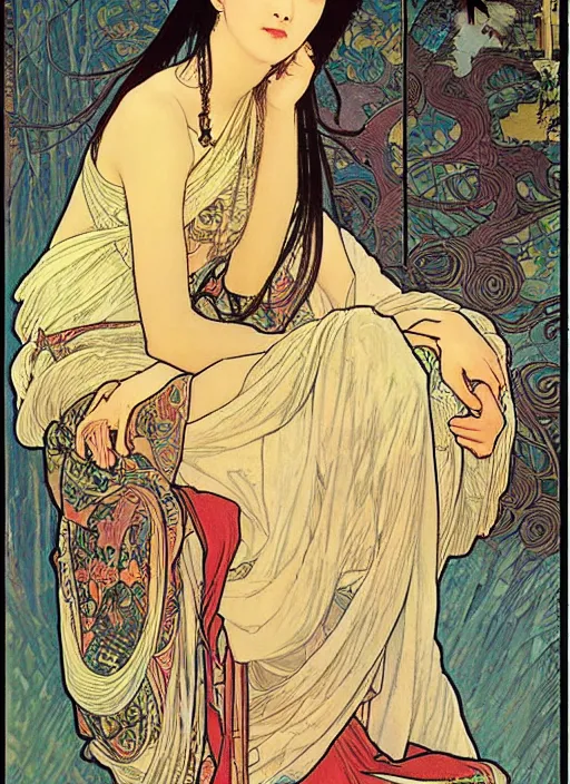 Image similar to Liu yifei sitting on the throne on a tarot card, tarot in art style by Alphonse Mucha