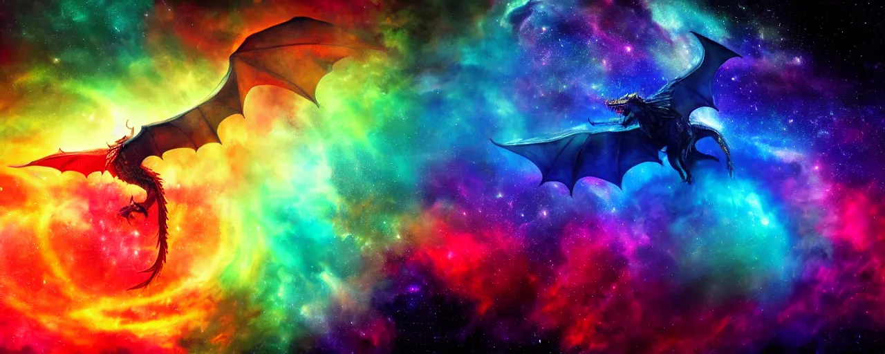 Image similar to large rainbow-colored nebula in the form of a dragon, large scale, breathtaking, mixed media, digital art, trending on artstation, 8k, epic composition, highly detailed, AAA graphics