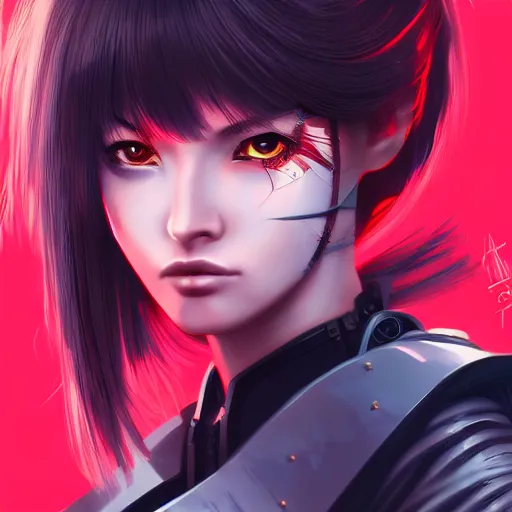 Image similar to closeup of a young cyberpunk samurai lady holding a sword, digital painting, anime style, Artstation, by Artgerm