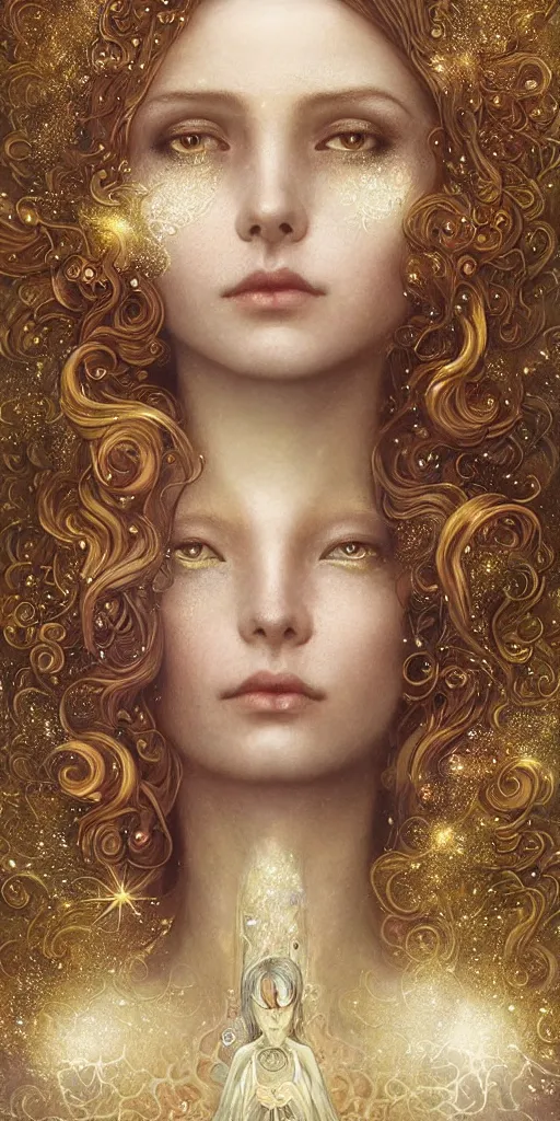 Image similar to Beautiful Delicate Detailed portrait of sun summer woman, With Magical golden eyes by Tom Bagshaw, Bastien Lecouffe Deharme, Erik Johansson, Amanda Sage, Alex Grey, Alphonse Mucha, Harry Clarke, Josephine Wall and Pino Daeni, Delicate winter frozen creature With long golden Hair and Magical Sparkling Eyes, Magic Particles; Magic Swirls, in a out of this world magical summer landscape, 4K; 64 megapixels; 8K resolution concept art; detailed painting; digital illustration; hyperrealism; trending on Artstation; Unreal Engine Photorealistic, lifelike, Unreal Engine, sharp, sharpness, detailed, 8K