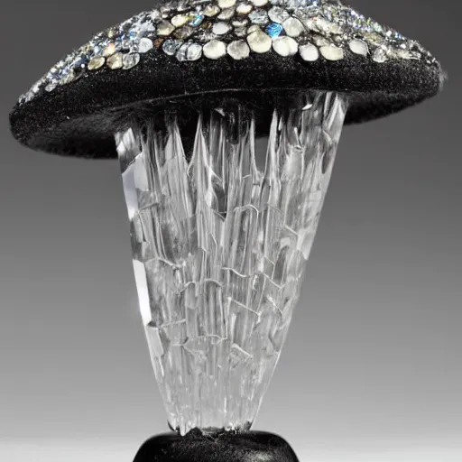 Prompt: a crystal mushroom with jagged crystal structures protruding from the cap, reflective, high detail