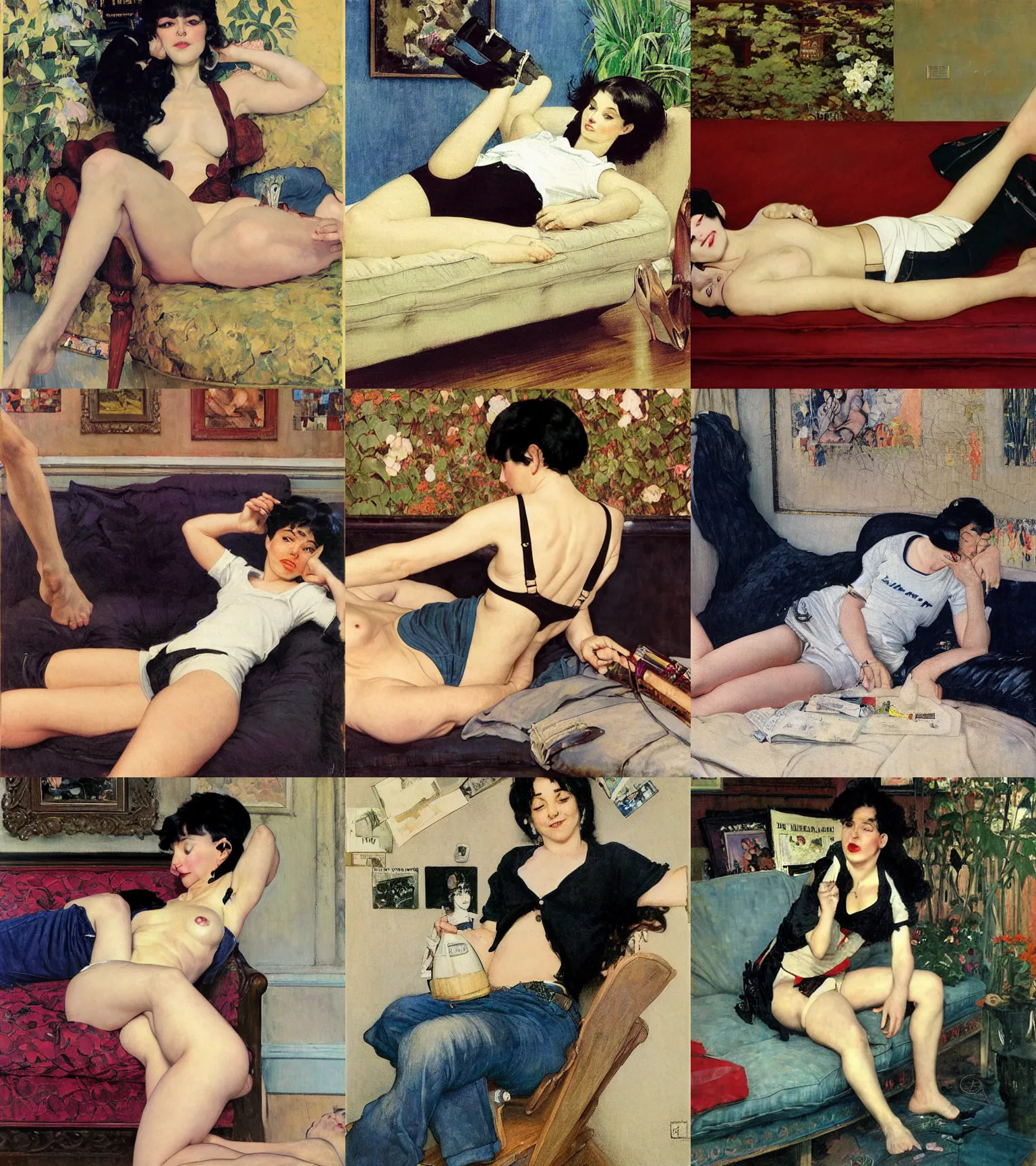 Prompt: a woman with black hair and long pixie haircut in shorts lying on couch with suspenders and white t-shirt drawn by frank frazetta, gustave caillebotte, Alexandre Cabanel, norman rockwell, hajime sorayama, maler collier, peter paul rubens, alphonse mucha, gustav klimt 4k, unreal 5, DAZ, french noveau, trending on artstation, octane render, hyperrealistic