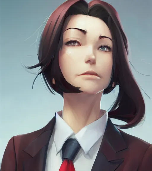 Image similar to a girl in a business suit, close up, sharp focus, red necktie, grey hair, happy expression, full body shot, pixiv, digital painting, by tran ross and jordan grimmer and greg rutkowski, anime art, artstation, hd, smooth