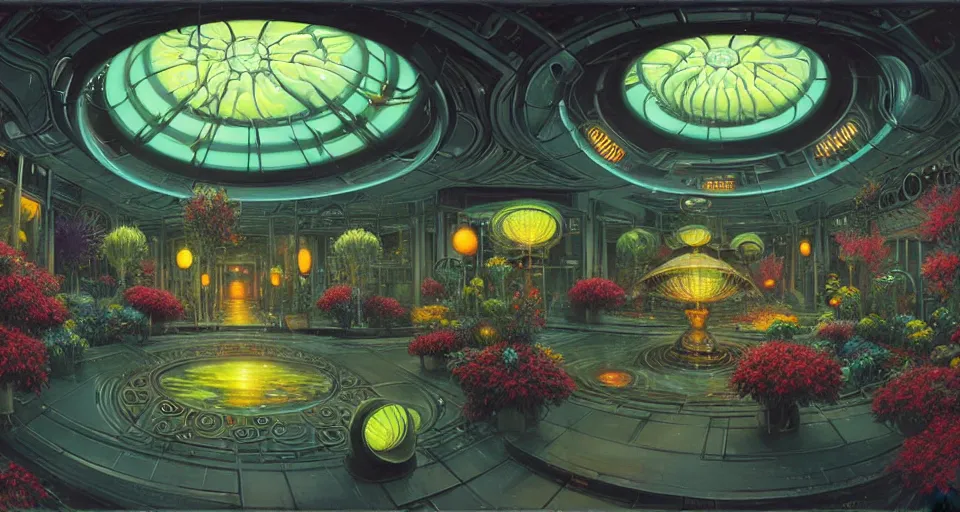 Prompt: fish eye lens a bright minimalist bioluminescent oil painting by donato giancola, warm coloured, cinematic scifi luxurious futuristic foggy steam filled victorian garden mall interior with microscopy radial windows flowers growing out of pretty bulbous ceramic fountains, gigantic pillars and flowers, maschinen krieger, beeple, star trek, star wars, ilm, atmospheric perspective