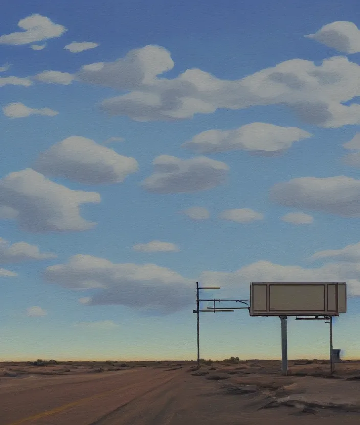 Image similar to a very detailed painting of a billboard in the empty desert, baby blue sky with very aesthetic stylized clouds, in the style of edward hopper, very small brushstrokes, 4 k,