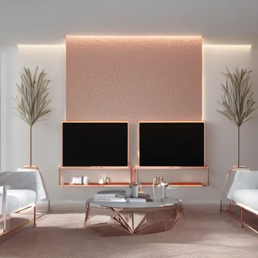 Image similar to 3 d render of white living room with rose gold metallic accents