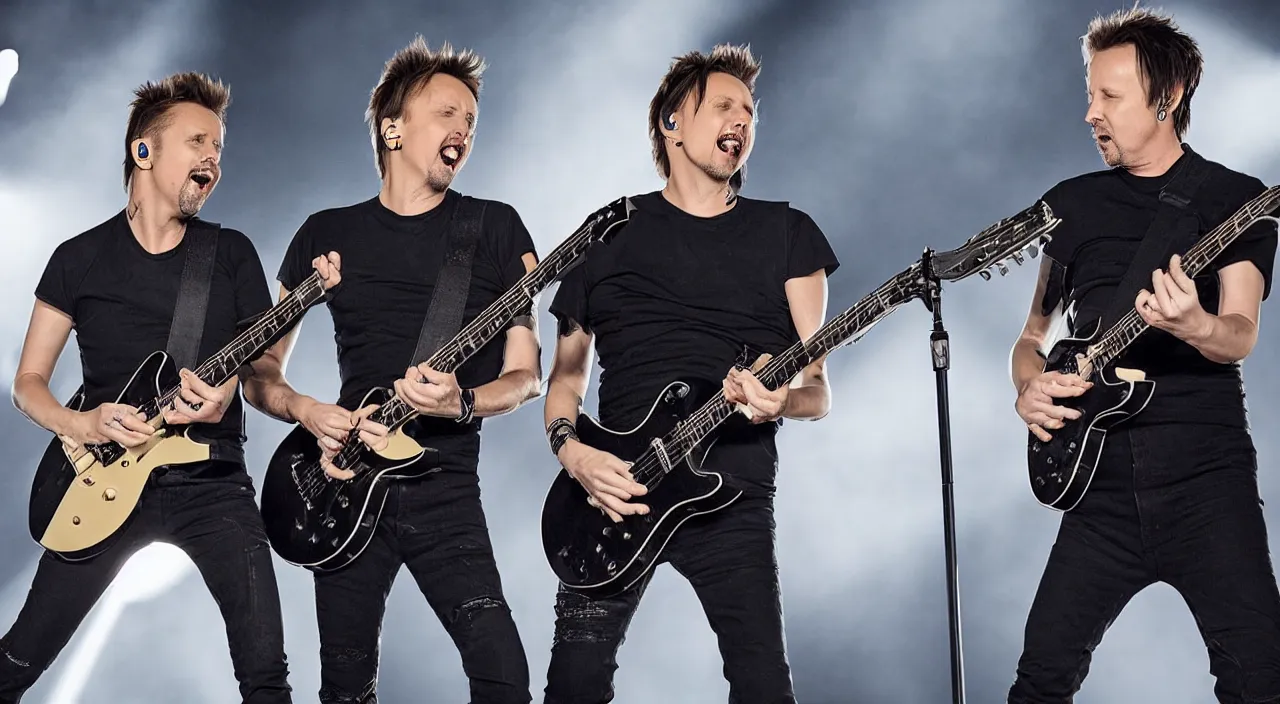Image similar to matt bellamy and james hetfield playing guitar on stage together, 2 0 2 2 official music video, shot on sony a 7 iii, postprocessing