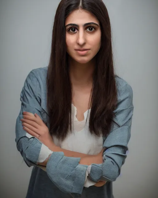 Image similar to a highly realistic, true to life portrait of a beautiful young middle eastern girl, sharp focus, from the waist up, with sharp features, a beautiful face, soft smile, under studio lighting, taken with a canon eos camera with 1 3 5 mm focal length, by annie leibovitz