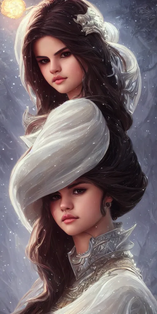 Image similar to Selena Gomez casting an frost spell, D&D, fantasy, intricate, elegant, highly detailed, digital painting, artstation, concept art, matte, sharp focus, illustration, hearthstone, art by Artgerm and Greg Rutkowski and Alphonse Mucha