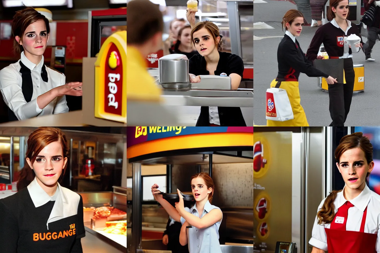 Prompt: a medium shot of Emma Watson as a Burger King employee working, annoyed facial expression, flash photography, candid photography