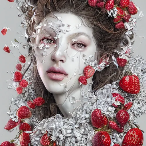 Image similar to the portrait of an absurdly beautiful, graceful, elegant, sophisticated, fashionable woman made of strawberries and white petals looking down, an ultrafine hyperdetailed illustration by kim jung gi, irakli nadar, intricate linework, bright colors, octopath traveler, final fantasy, unreal engine 5 highly rendered, global illumination, radiant light, detailed and intricate environment