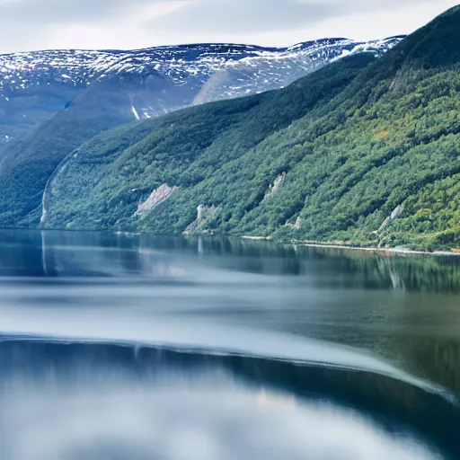 Image similar to A photo of a fjord in Norway. The sky is completely clear of clouds. Hyper realistic, 8k.