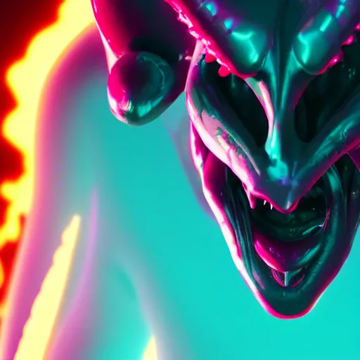 Prompt: synthwave demonic alien face with neon horns, detailed face, sharp focus, synthwave art, aesthetic, octane render, raw, cinematic