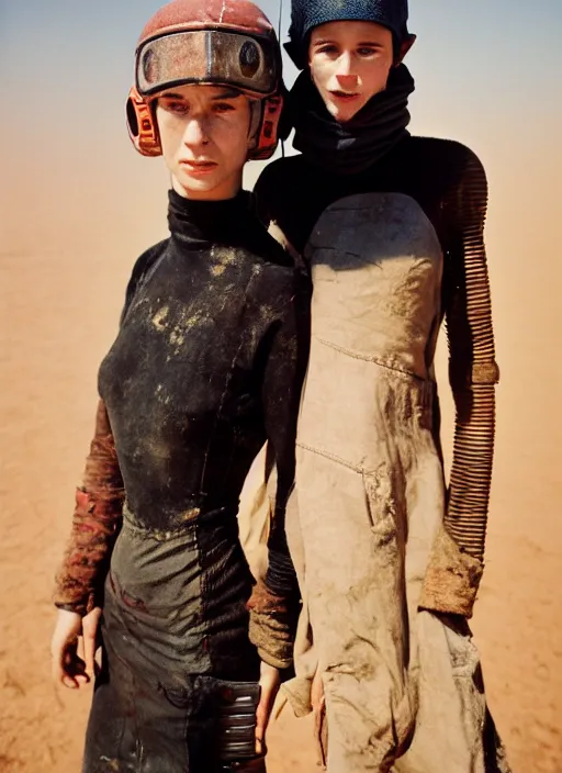 Image similar to cinestill 5 0 d photographic portrait by helen levitt of two loving female androids wearing rugged black mesh techwear on a desolate plain, extreme closeup, modern cyberpunk, dust storm, 8 k, hd, high resolution, 3 5 mm, f / 3 2, ultra realistic faces, ex machina