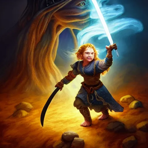Prompt: full body portrait of a female halfling hobbit monk fistfighter warrior, hallucinating a holy vision of her goddess of mist and light, flowing robes and leather armor, detailed dynamic light painting by albrecht anker