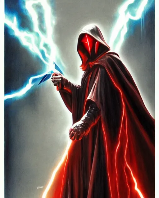 Image similar to hooded sith lord with lightning striking, airbrush, drew struzan illustration art, key art, movie poster