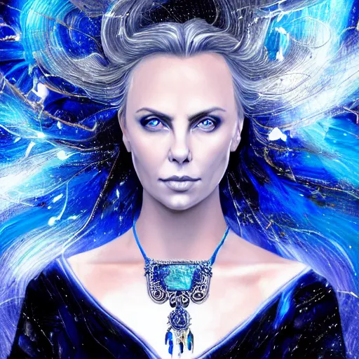 Image similar to masterpiece portrait of an aesthetic mage woman, ice spell, 3 0 years old woman, ( young charlize theron like ), black dynamic hair, wearing silver diadem with blue gems inlays, silver necklace, painting by joachim bergauer and magali villeneuve, atmospheric effects, chaotic blue sparks dynamics in the background, intricate, artstation, fantasy