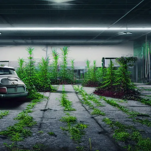 Image similar to a indoor abandoned parking lot with overgrown plants and a human farm, neon, cyberpunk, art by Simon Stalenhag, cinematic, 4k