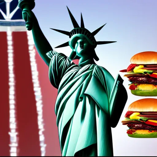 Prompt: the statue of liberty holding a burger realistic