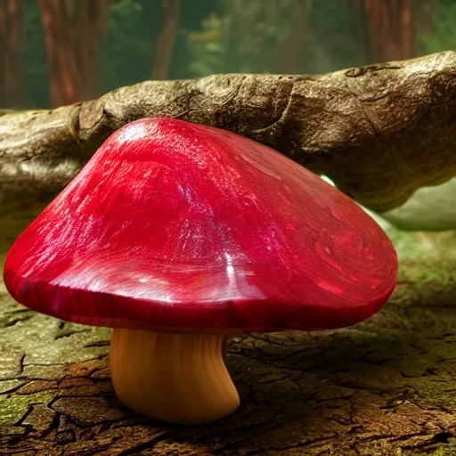 Prompt: a cut ruby gemstone mushroom, shiny, in the forest, unreal engine