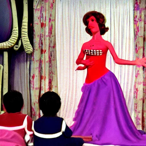 Image similar to still from a live - action children's show about a beautiful woman and an anthropomorphic stomach, technicolor, on stage in front of a live studio audience, 1 6 mm film, woman in a glamorous dress