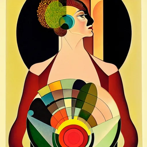 Image similar to Art in the style of Coles Phillips, Gaia, Full figured Mother Earth, portrait, Herbert Bayer, Kandinsky