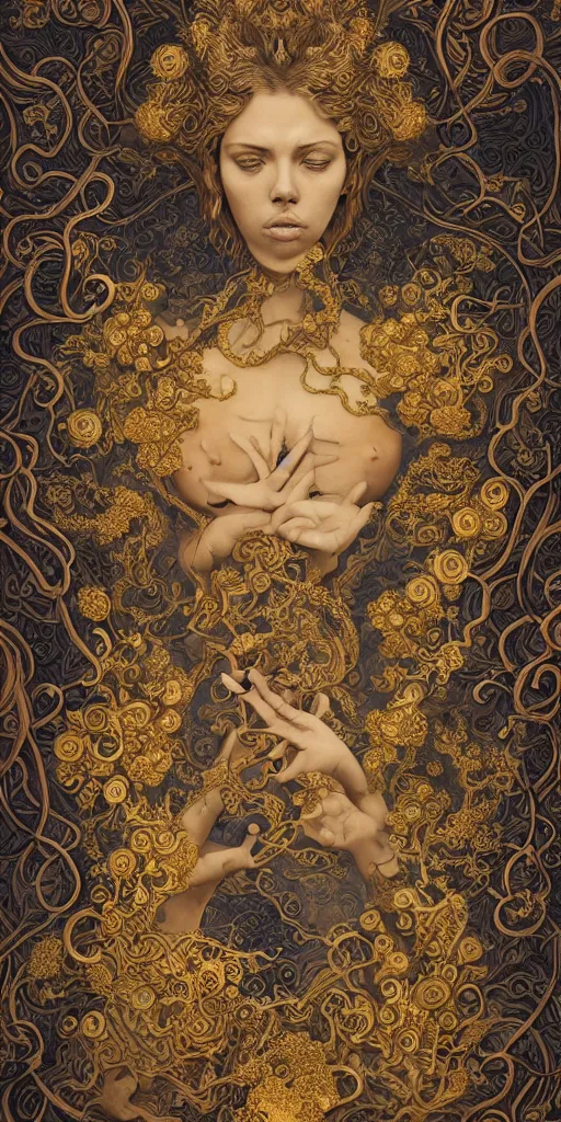 Image similar to masterpiece with intricate designs, tarot card, a mandelbulb fractal scarlett johansson, southeast asian diety statue, full of golden layers, flowers, clouds, vines, mushrooms, swirls, curls, wave by Hokusai and Mike Mignola, trending on artstation, elaborate illustration, beautiful hands close to a candle in dark room, cinematic, powerful, moon beams dramatic light, highly, intricate elements, detailed, digital painting, artstation, concept art, sharp focus, illustration, art by artgerm