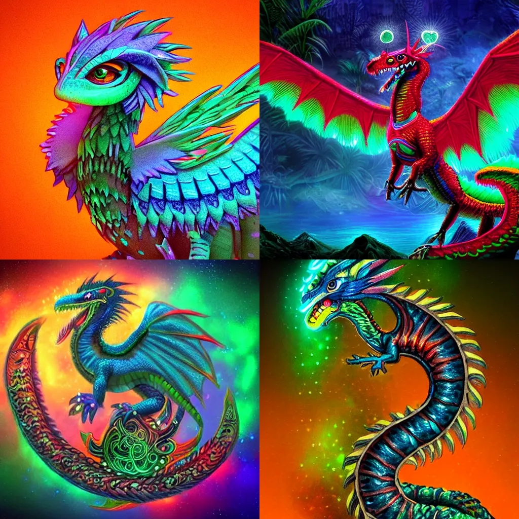 Prompt: cute quetzalcoatl small feathered dragon. Cute eyes. Cute fantasy creature. Bioluminescent jungle filled with fantasy creatures and life. Fantastical world. Intricate details. Neon diffuse glow effect. Iridescent colors. Aztec civilization. Stunning octane render