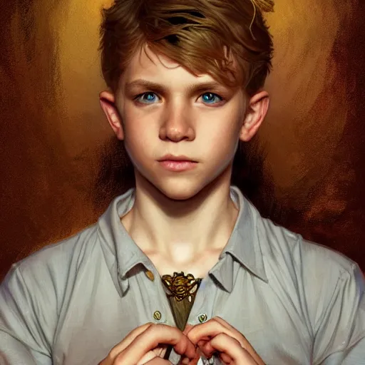 Prompt: an epic fantasy comic book style portrait painting of a young blonde boy wearing plain thief clothes, d & d, fantasy, intricate, elegant, highly detailed, digital painting, artstation, concept art, matte, sharp focus, illustration, art by artgerm and greg rutkowski and alphonse mucha