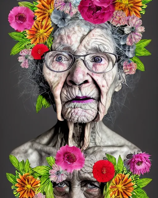 Prompt: a portrait of a beautiful fleshy old woman who is surprised she is still alive, covered in flowers in the style of guiseppe arcimboldo and james jean, covered in wispy gray hair with a hint of neon, mixed media, decollage, hd 3 d, 8 k