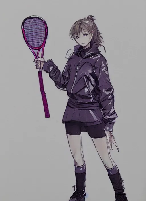 Image similar to a yoji shinkawa full body sketch of tennis player girl holding a sword wearing a puffy anorak, short purple skirt and yeezy 5 0 0 sneakers