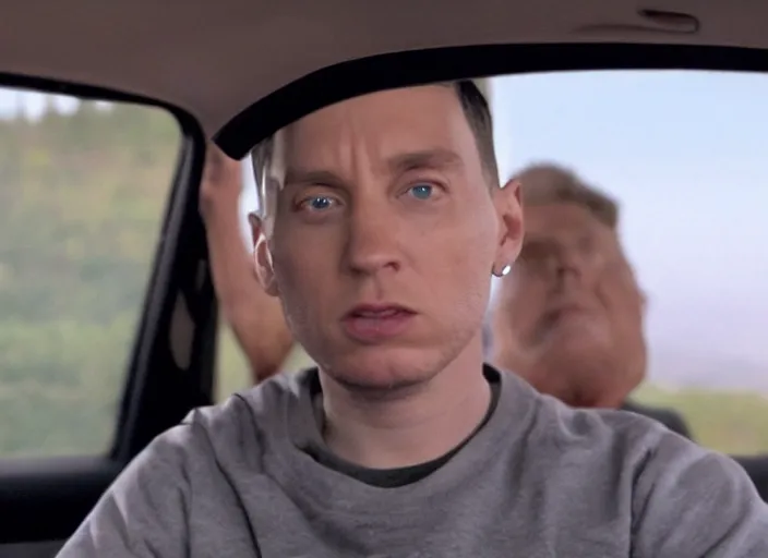 Image similar to a very high resolution image from a new movie, eminem driving a car. mountains, directed by wes anderson