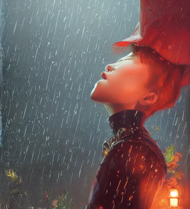 Image similar to an anthropomorphic rose watching it rains, fine details, night setting, realistic shaded lighting poster by ilya kuvshinov, katsuhiro, artgerm, jeremy lipkin, michael garmash, nixeu, unreal engine 5, radiant light, detailed and intricate environment