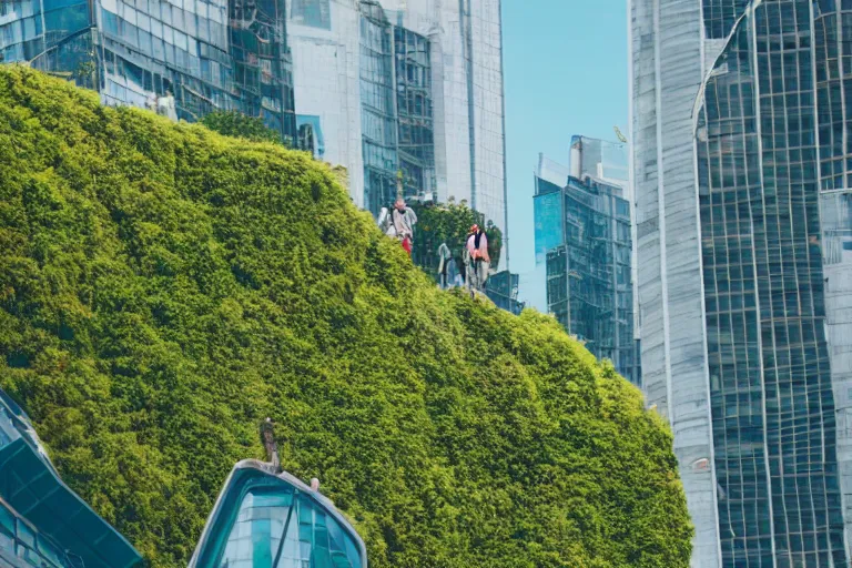 Prompt: a cinematic close up shot of people walking through a utopian city walkway on top of buildings, green plants, blue sky