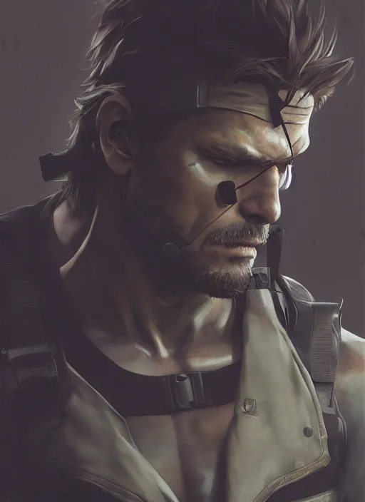 Image similar to a Photorealistic dramatic hyperrealistic render of a beautiful METALGEAR SOLID character Solid Snake by WLOP,Greg Rutkowski,Alphonse Mucha, Beautiful dynamic dramatic dark moody lighting,shadows,cinematic atmosphere,Artstation,concept design art,Octane render,8K