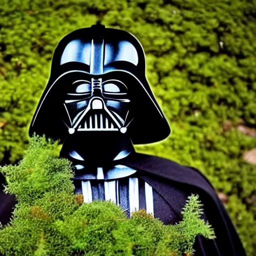 Prompt: Darth Vader covered in ivy and moss, in an overgrown garden