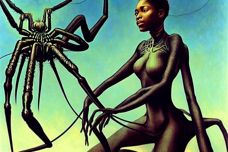 Image similar to realistic detailed portrait movie shot of a beautiful black woman riding a giant spider, dystopian city landscape background by denis villeneuve, amano, yves tanguy, alphonse mucha, max ernst, ernst haeckel, kehinde wiley, caravaggio, jean delville, david lynch, roger dean, cyber necklace, rich moody colours, sci fi patterns, dramatic, wide angle