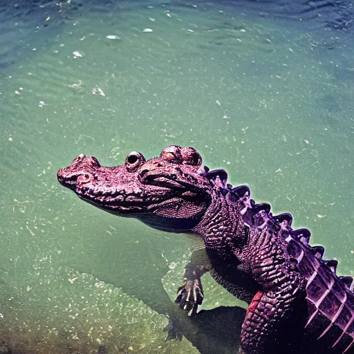 Prompt: a transparent alligator, aluminum, in the water, eclipsed sun, bright red horizon
