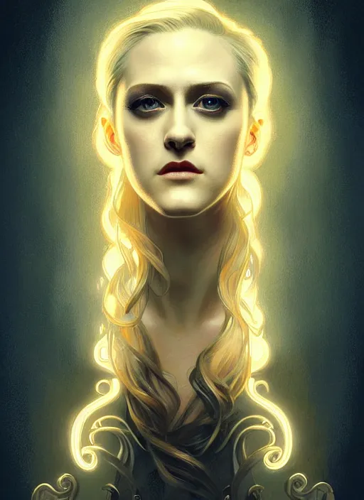 Prompt: symmetry!! portrait of evan rachel wood with blonde hair, old west, glowing lights!! intricate, elegant, highly detailed, digital painting, artstation, concept art, smooth, sharp focus, illustration, art by patrice murciano and greg rutkowski and alphonse mucha