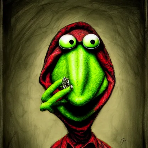 Image similar to surrealism grunge cartoon portrait sketch of Kermit The Frog, by michael karcz, loony toons style, freddy krueger style, horror theme, detailed, elegant, intricate