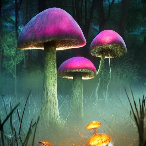 Prompt: glowing mushrooms in swamp fog, mist, fireflies, vines, bioluminescent, rain, trending on artstation,, vibrant, intricate detail, dramatic lighting, octane render, weta digital, micro details, 3 d structure, ray trace, highly detailed and intricate, sharp focus, photography, unreal engine