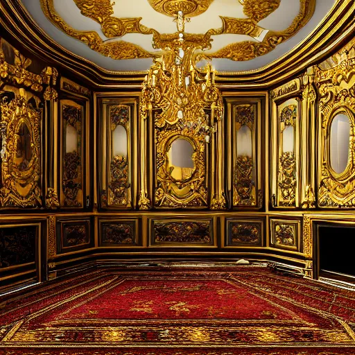 Image similar to parisian interior, dark walls, gold accents, interior design, thick carpet, hyperrealistic, hyperdetailed, super detailed, uhd, uhd, 8 k, high resolution,