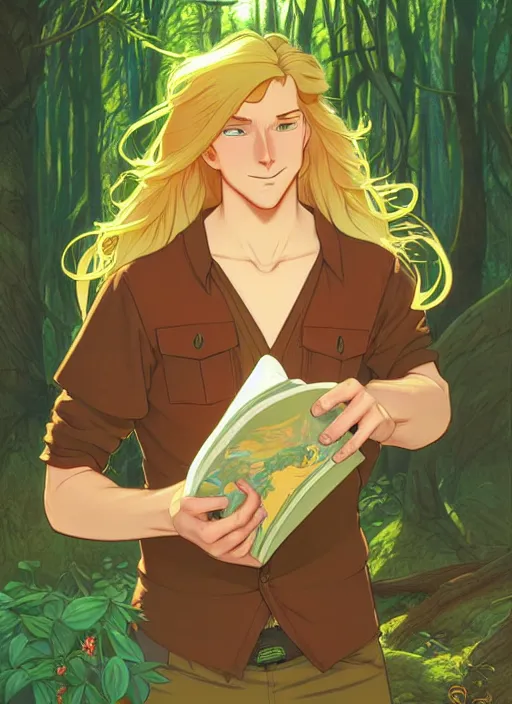 Prompt: book cover design, pretty young man with long golden blond hair in a forest, natural lighting, path traced, highly detailed, high quality, cartoon, digital painting, by don bluth and ross tran and studio ghibli and alphonse mucha