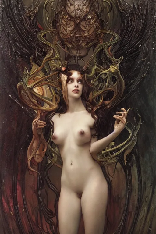 Prompt: masterpiece painting of beautiful infernal succubus girl by donato giancola, h. r. giger and tom bagshaw, face by artgerm and edmund leighton, background by james jean and alphonse mucha, 8 k, gothic horror, majestic, volumetric lighting, porcelain skin, art deco, trending on pixiv