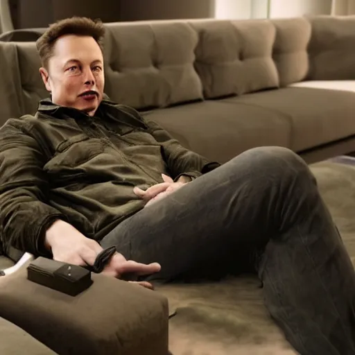 Image similar to elon musk on couch playing call of duty, high detailed,